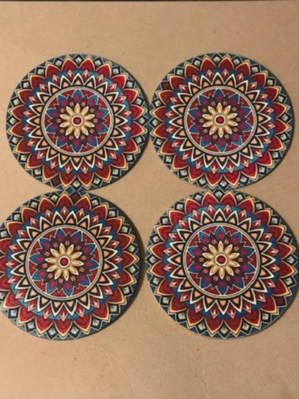 Wooden 4 pc Stained Glass Mandala Coaster Set Lotus Geometric Pattern India 104